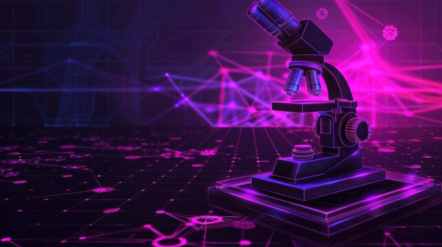 A digital science graphic features a detailed microscope in a neon-lit, connected network