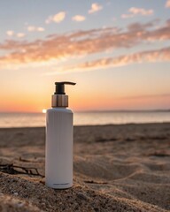 White pump bottle on a sandy beach at sunset