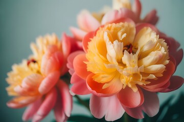 Close-up of vibrant peony flowers featuring coral and yellow petals perfect for floral designs and spring themes