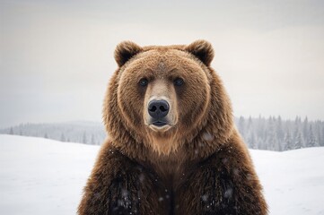 Fototapeta premium Portrait of a brown grizzly bear against a snowy backdrop