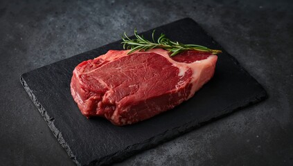 Raw organic marbled beef steak garnished with a sprig of rosemary on a black mica surface, protein-rich meal