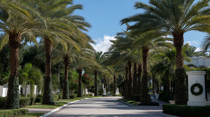 Fototapeta premium Festive palm trees adorned with white and gold lights in a luxurious Florida neighborhood