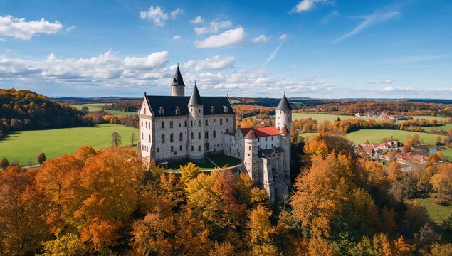 Aerial view of the medieval Kuneticka Hora Castle surrounded by autumn foliage, showcasing seasonal change