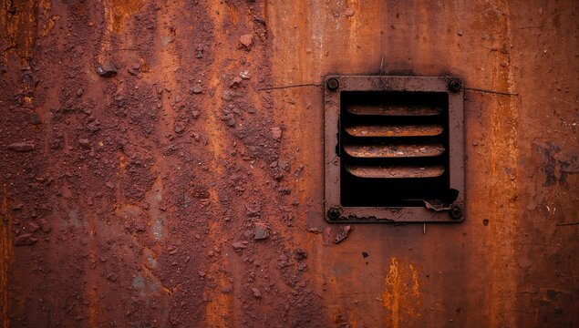 A close-up view of a rusted metal sheet featuring a damaged plastic vent, showcasing the texture of corrosion and decay