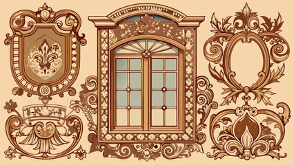 Obraz premium Very beautiful set of engraved Victorian window designs, featuring intricate patterns, ornate frames, and detailed craftsmanship, ideal for historical architecture and decorative design projects.