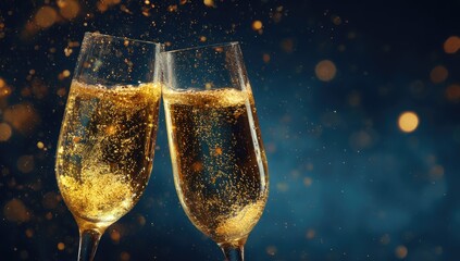 Champagne glasses clinking, celebration, new years eve, sparkling drink, festive toast.