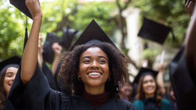 Celebrating Graduation Day with Joyful Students Throwing Caps in the Air on a Sunny Afternoon