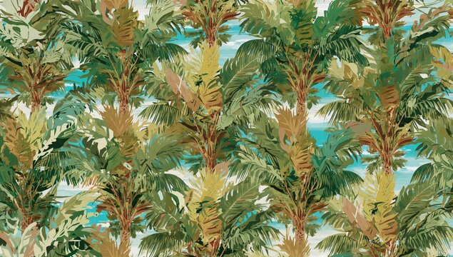 Bold repeating pattern of tropical palm trees