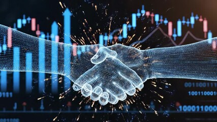 Digital handshake animation with stock market charts and binary code overlay, concept for business collaboration, financial technology solution and global partnerships - Powered by Adobe