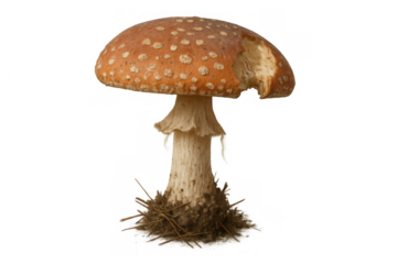 Fly agaric mushroom with a bite mark showing potential danger, toxicity, and wild nature on transparent background