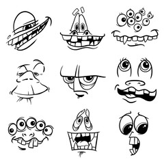Creepy Cartoon Monster Faces Set – Funny Scary Vector Expressions