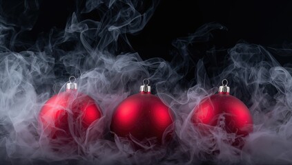 Red Christmas tree ornaments enveloped in wisps of smoke, creating an abstract background for festive themes, christmas