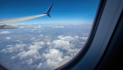 View from an airplane seat overlooking the skyline, aviation perspective, travel experience