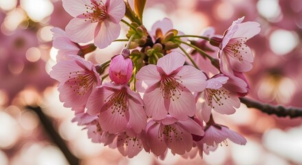 A close up view of a cluster of pink cherry blossoms in full bloom on a tree branch in springtime