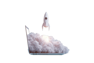 White rocket launching from a cloud of smoke emanating from a laptop computer