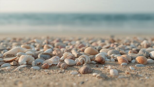 Seashells and pebbles arranged on sand, ideal for background use in design