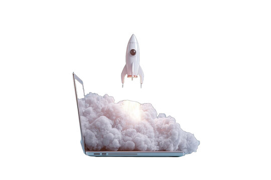 White rocket launching from a cloud of smoke emanating from a laptop computer