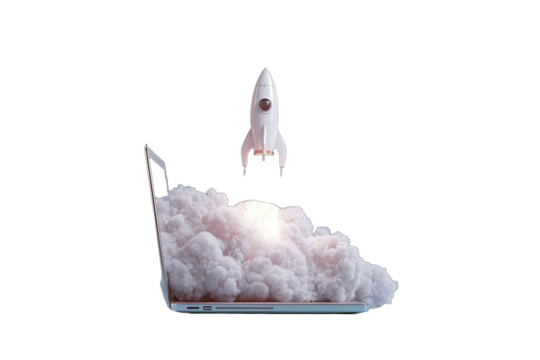 White rocket launching from a cloud of smoke emanating from a laptop computer