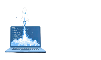 Rocket launching from a laptop screen, emitting code and smoke against black background