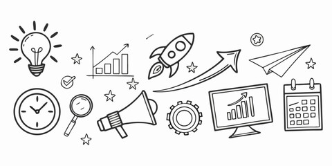 Clean hand-drawn business doodles featuring startup rocket, growth charts, idea light bulb, clock, paper plane, gears, and target icons. Minimal line art illustration for marketing, planning.