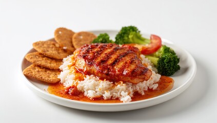 Fototapeta premium Grilled chicken served with rice, chili sauce, vegetables, and crackers, protein-rich meal