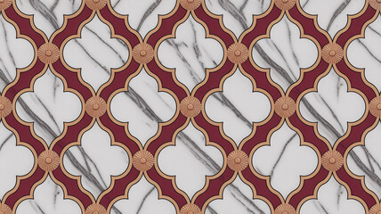 Seamless Moroccan quatrefoil tile pattern, burgundy red and warm brown, metallic rose gold accents, white marble background with gray veins, luxury wall and floor design.