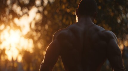A muscular man stands in profile against a glowing sunset, showcasing his well-defined back and shoulders. The setting sun creates a striking silhouette, highlighting the man's phy