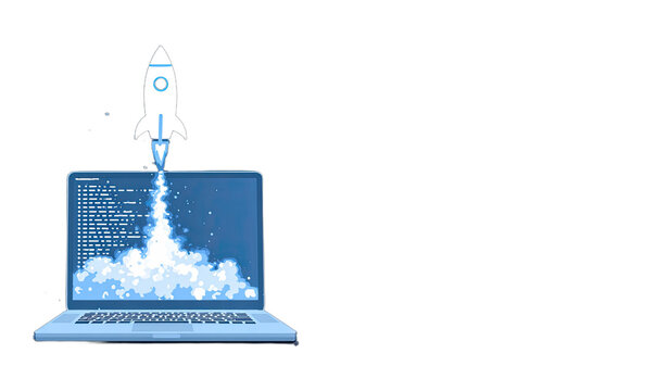 Rocket launching from a laptop screen, emitting code and smoke against black background