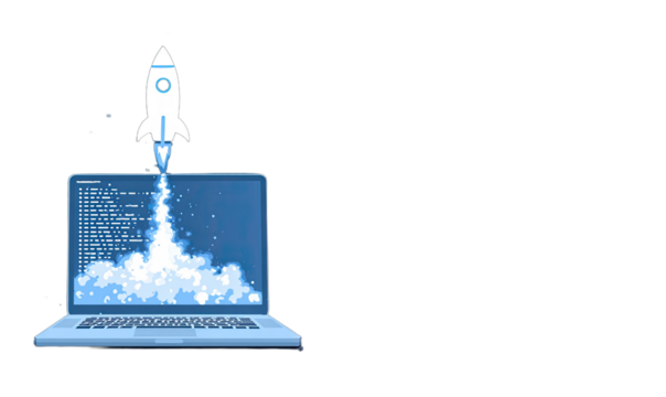 Rocket launching from a laptop screen, emitting code and smoke against black background