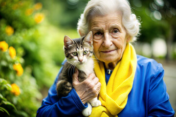 Elderly woman holding a cat, smiling warmly in a vibrant garden setting