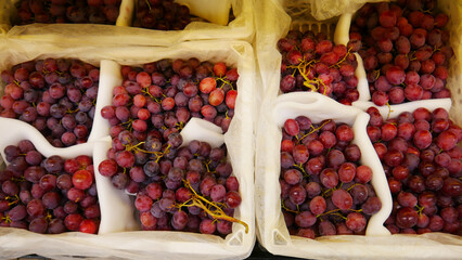 A multitude of red grape vines in market stalls