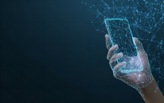 Digital hand holding a smartphone with a network connection showcasing technology and connectivity in a modern abstract design