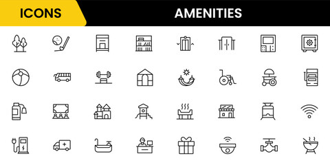 amenities facilities line icons, hotel parking restaurant park swimming pool, Vector illustration