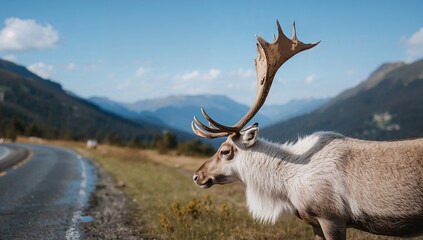 Obraz premium Reindeer grazing near the roadside, showcasing nature's wildlife in a highland setting, road trip ambiance