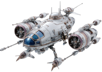 Weathered, metallic sci-fi spaceship, four engines, detailed fuselage, blue cockpit