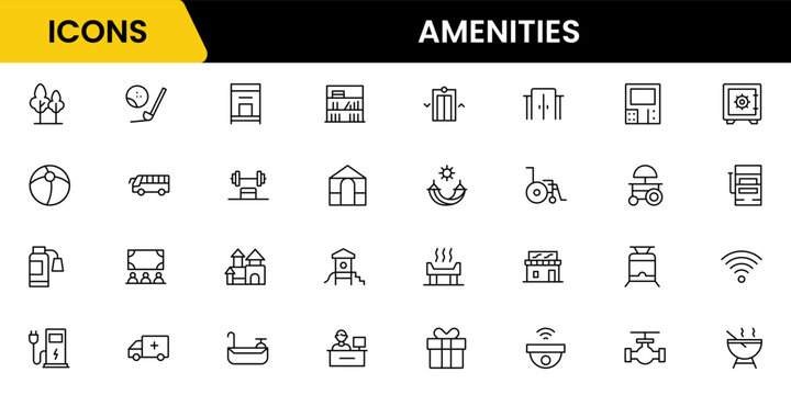 amenities facilities line icons, hotel parking restaurant park swimming pool, Vector illustration