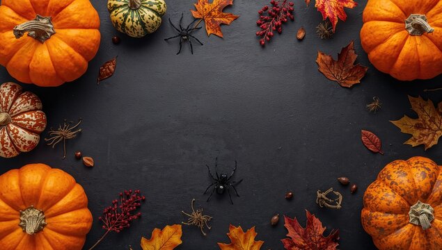 Flat lay of a pumpkin and spider set against a dark background, autumn themes, Halloween - Powered by Adobe