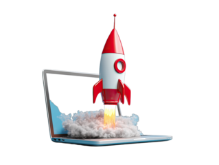 A red and white 3D rendered rocket taking off from a laptop, generating smoke