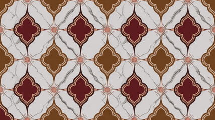 Seamless Moroccan quatrefoil tile pattern, luxurious white marble background with gray veins, burgundy and brown tones, metallic rose gold sunburst accents, symmetrical repeating grid design.