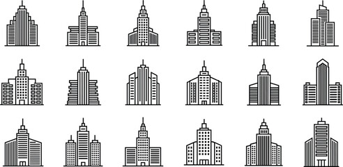 Large Collection of Modern City Skyscraper Icons Vector Set in Black Line Art, Representing Urban Architecture, Business Centers, and Downtown Real Estate Development