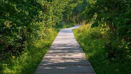 A wooden pathway meanders through lush greenery, offering a serene route for relaxation, seasonal change