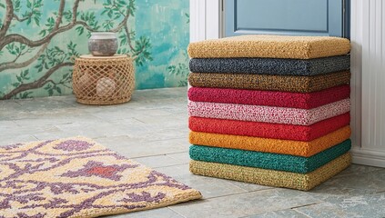 Stacked colorful coir doormats, durable home decor, eco-friendly product emphasis