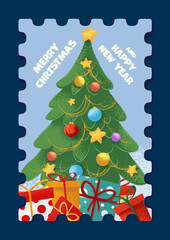 vintage stamp with Christmas tree and gifts