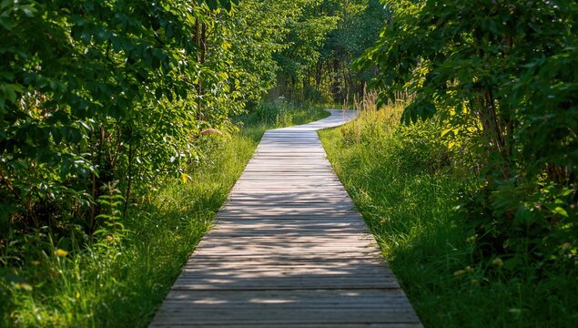 A wooden pathway meanders through lush greenery, offering a serene route for relaxation, seasonal change
