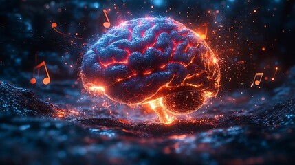 Glowing brain with musical notes