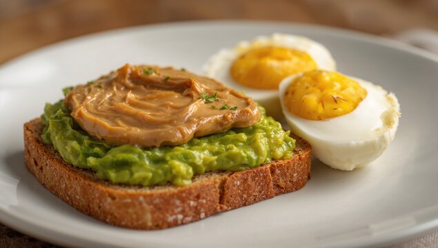 Banana, peanut butter, avocado, and boiled egg on toast, a protein-rich meal