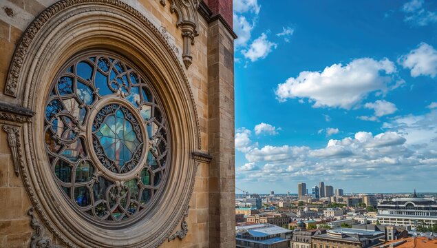 The round stained glass window of a historic building facade, featuring elaborate architectural designs, showcases seasonal change