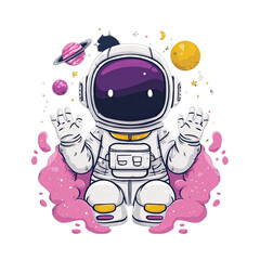 Cute cartoon astronaut meditating amidst colorful planets and cosmic dust, space exploration