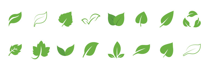 Set of leaf icons, natural ecology elements, green leaves, environment, and natural ecology signs. Leaves on a transparent background. Vector illustration.