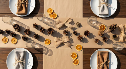 Festive rustic table setting from above, adorned with natural pinecones, dried orange slices, and bows on a kraft paper runner for autumn or winter holiday meals